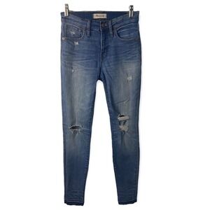 Madewell Women Jeans 9" High Rise Skinny Blue Wash Denim Stretch Fray Hem Sz 25"